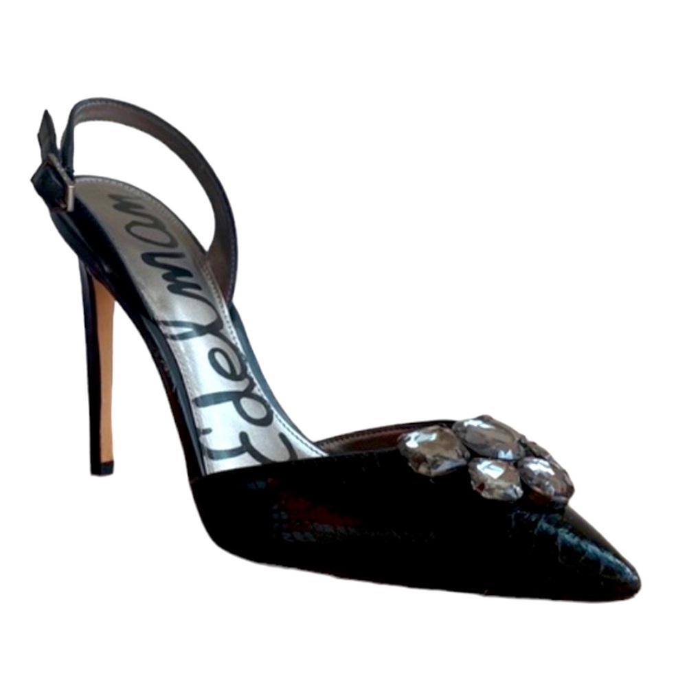 Sam Edelman Rhinestone Heels Leather Pointy Toe Black 10 Wedding Formal Cocktail